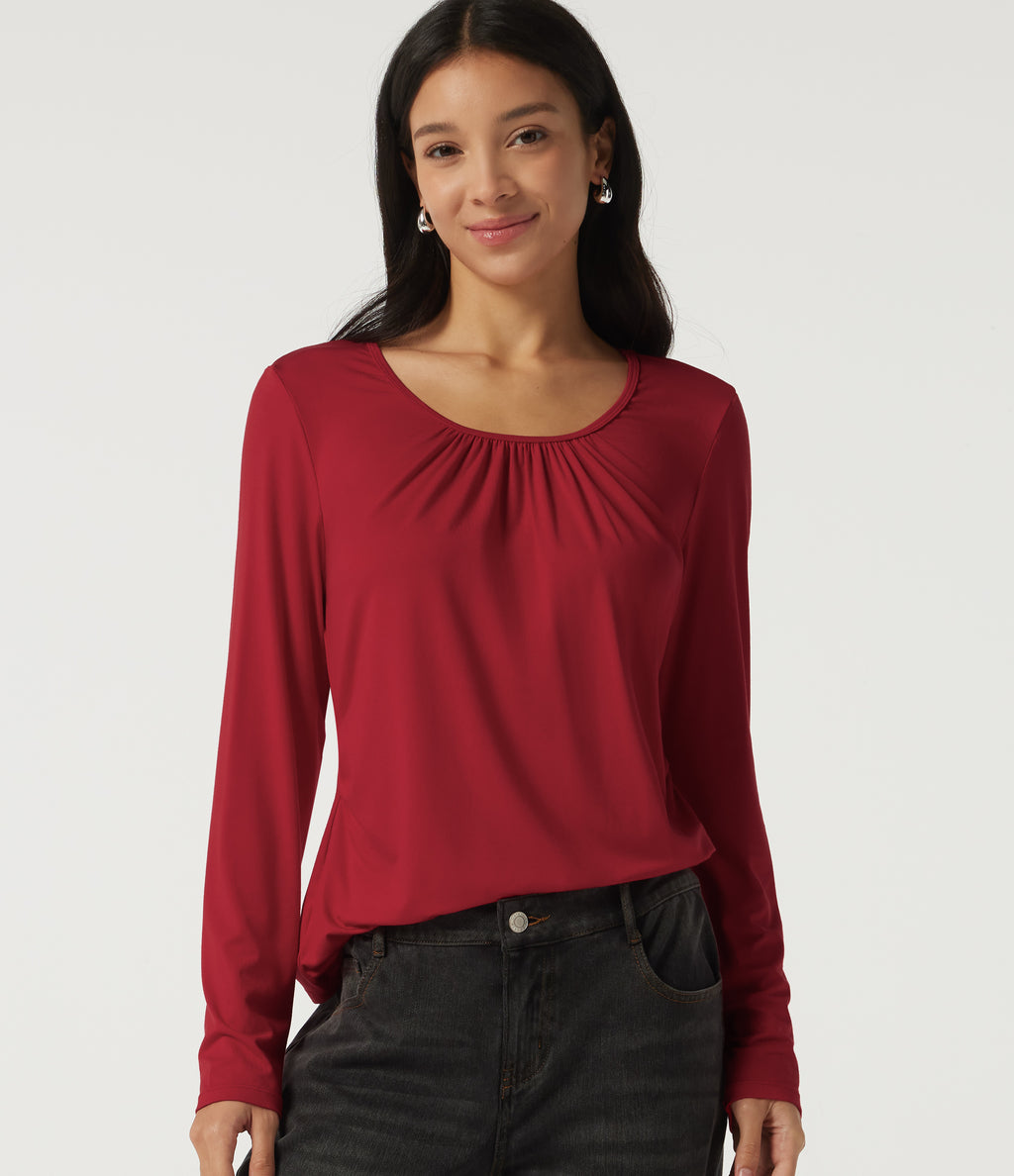 U Neck Long Sleeve Ruched Work Top — Haute Red — view 1