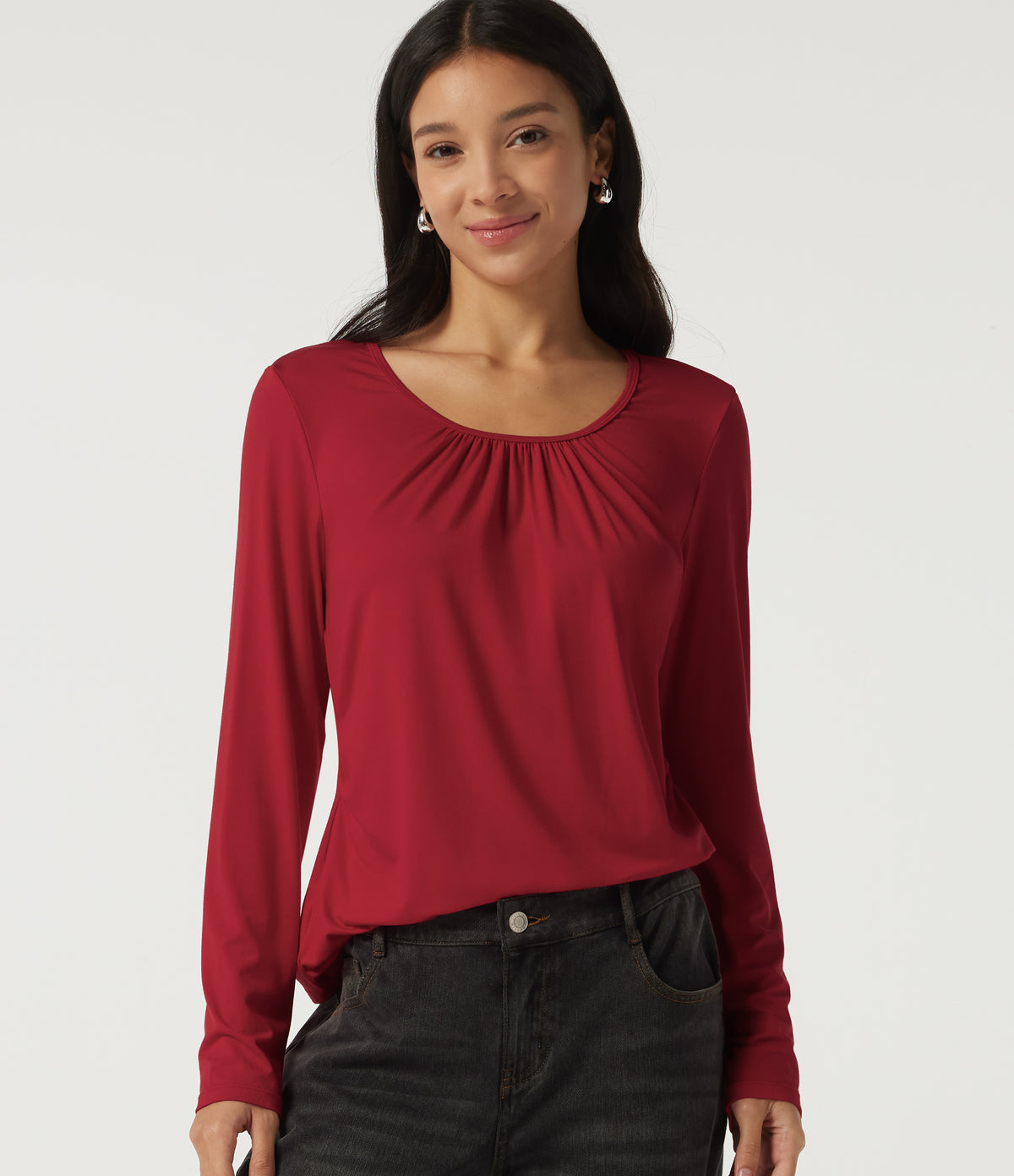 U Neck Long Sleeve Ruched Work Top — Haute Red — view 1