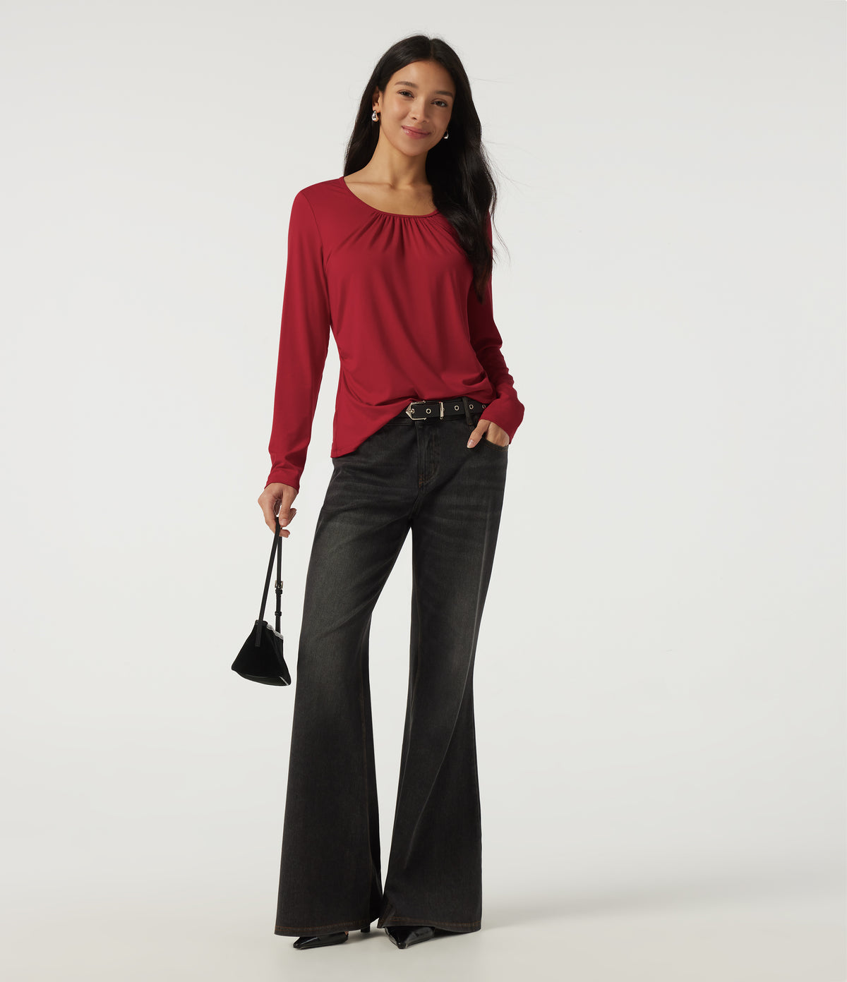 U Neck Long Sleeve Ruched Work Top — Haute Red — view 8