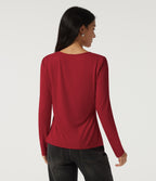 U Neck Long Sleeve Ruched Work Top — Haute Red — view 2