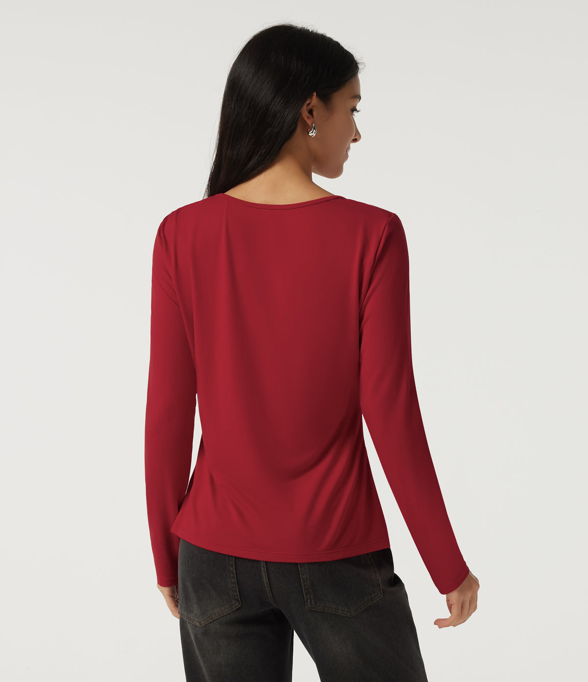 U Neck Long Sleeve Ruched Work Top — Haute Red — view 2