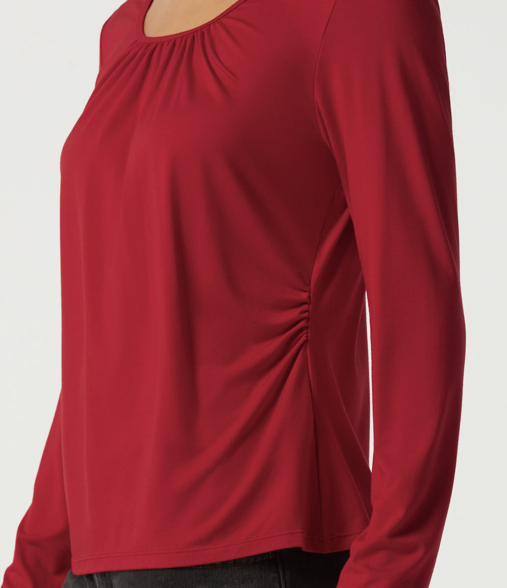 U Neck Long Sleeve Ruched Work Top — Haute Red — view 6