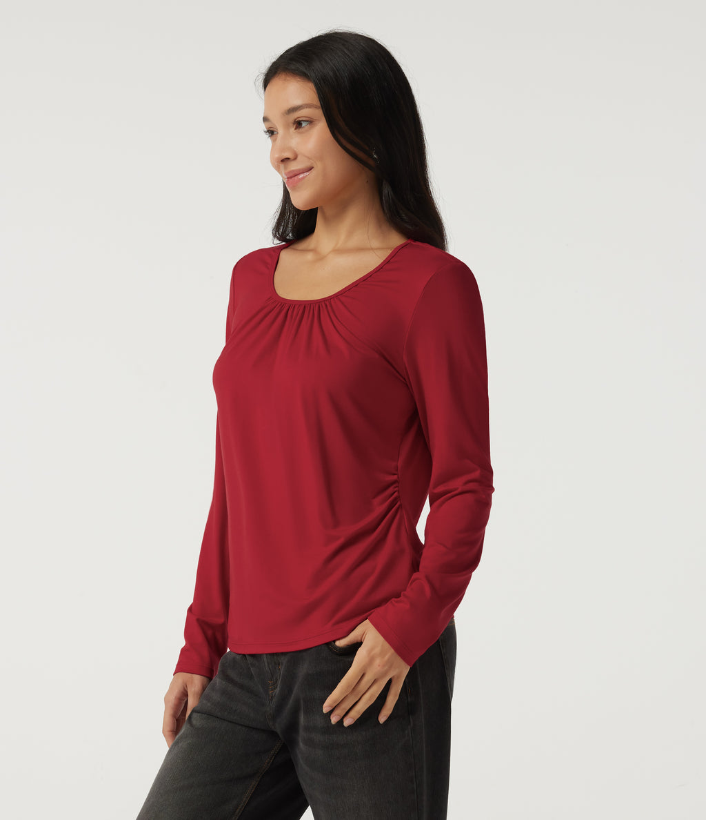 U Neck Long Sleeve Ruched Work Top — Haute Red — view 3