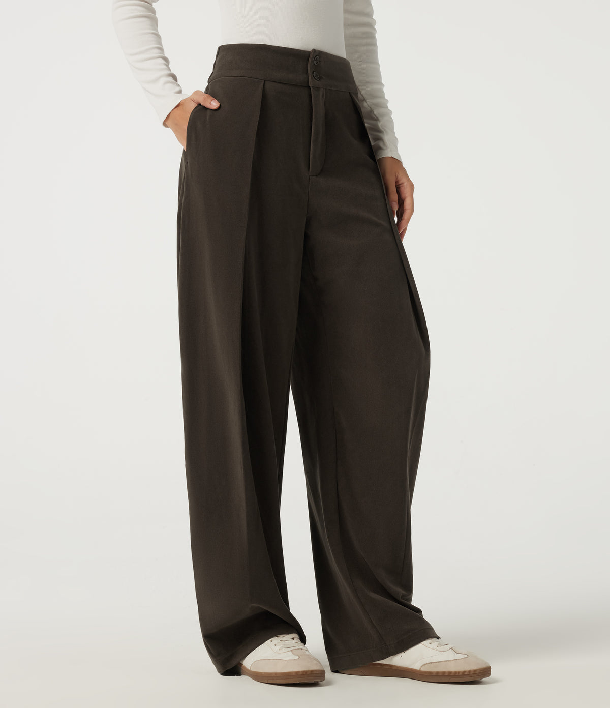 High Waisted Barrel Leg Corduroy Casual Trousers with Pockets — Demitasse — view 3