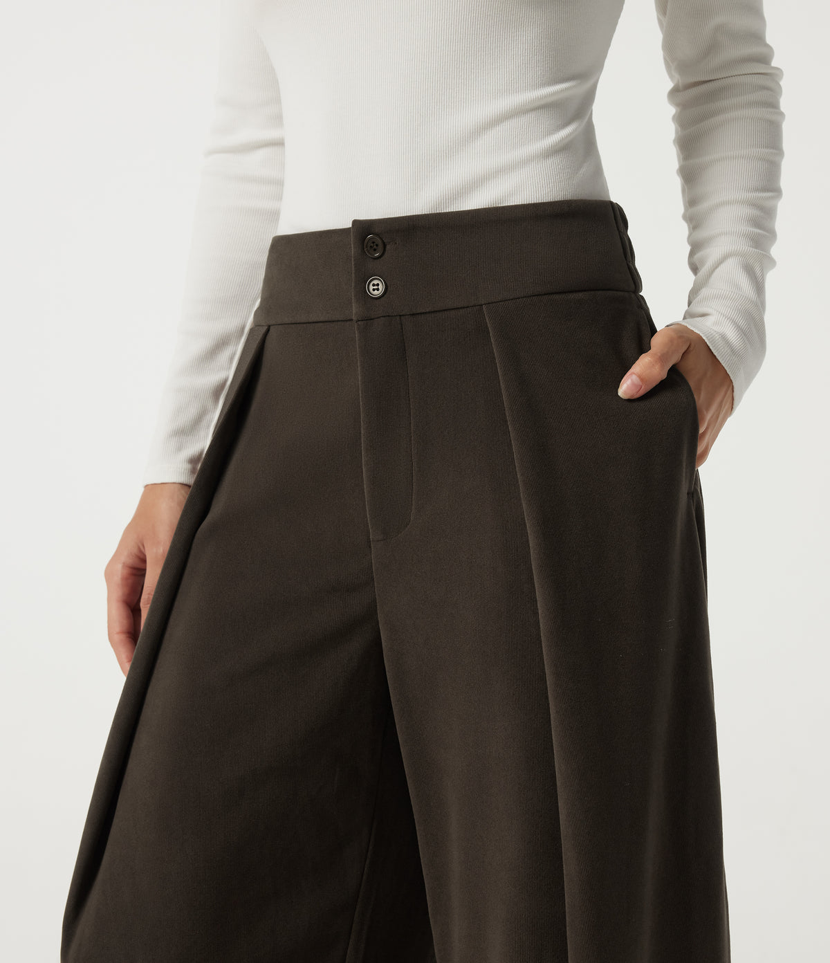 High Waisted Barrel Leg Corduroy Casual Trousers with Pockets — Demitasse — view 4