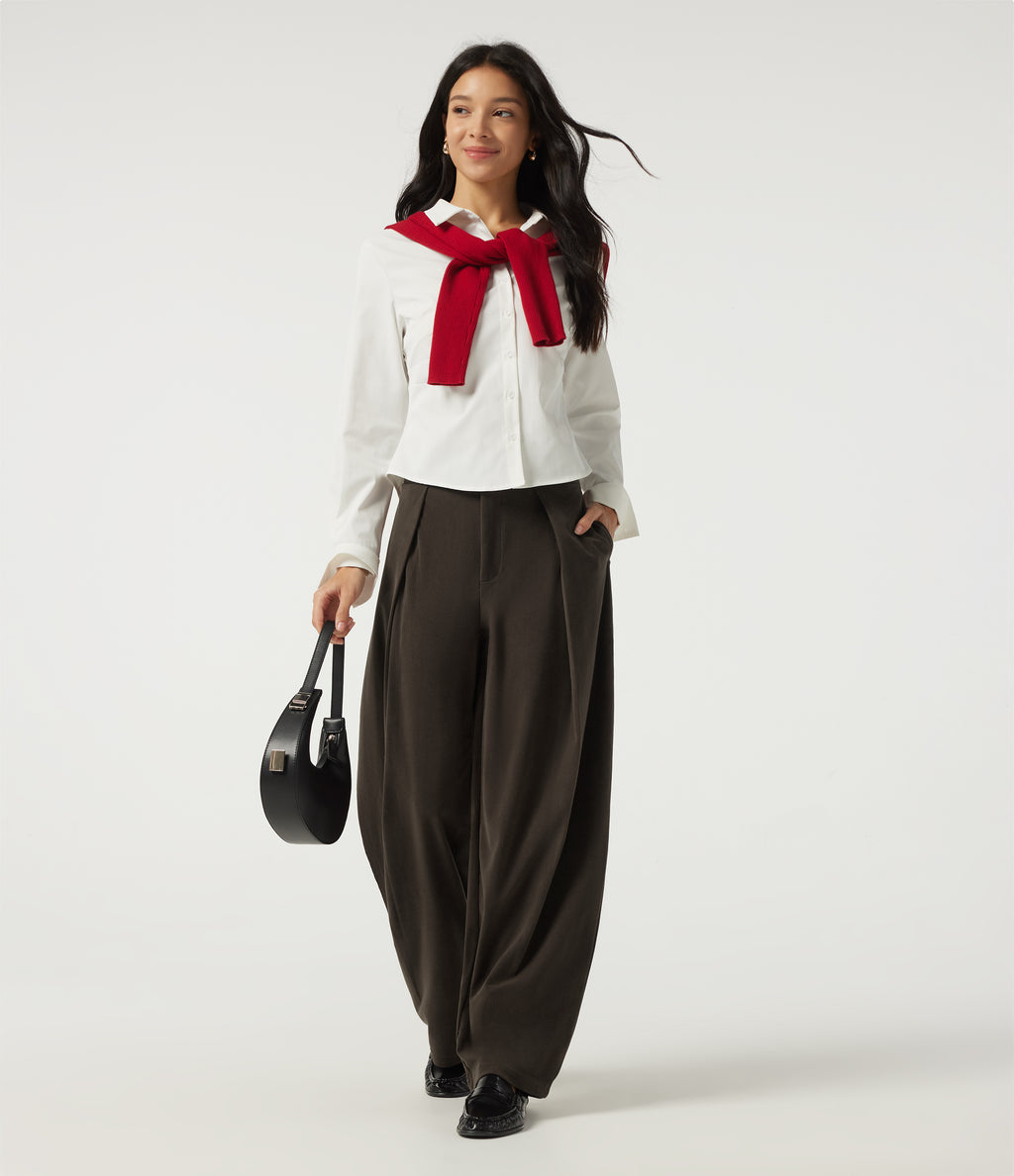 High Waisted Barrel Leg Corduroy Casual Trousers with Pockets — Demitasse — view 7