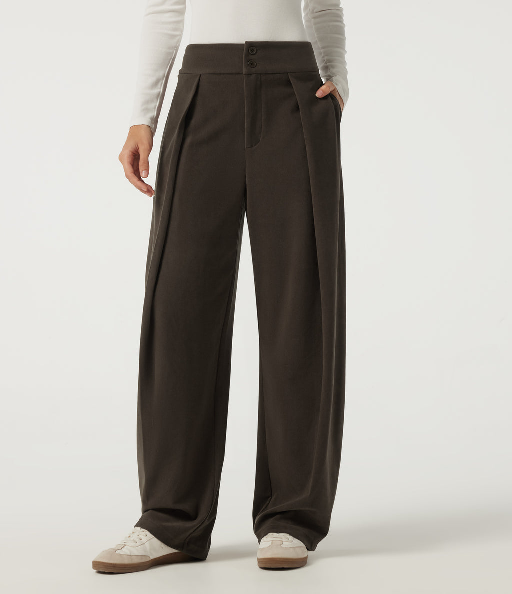 High Waisted Barrel Leg Corduroy Casual Trousers with Pockets — Demitasse — view 1