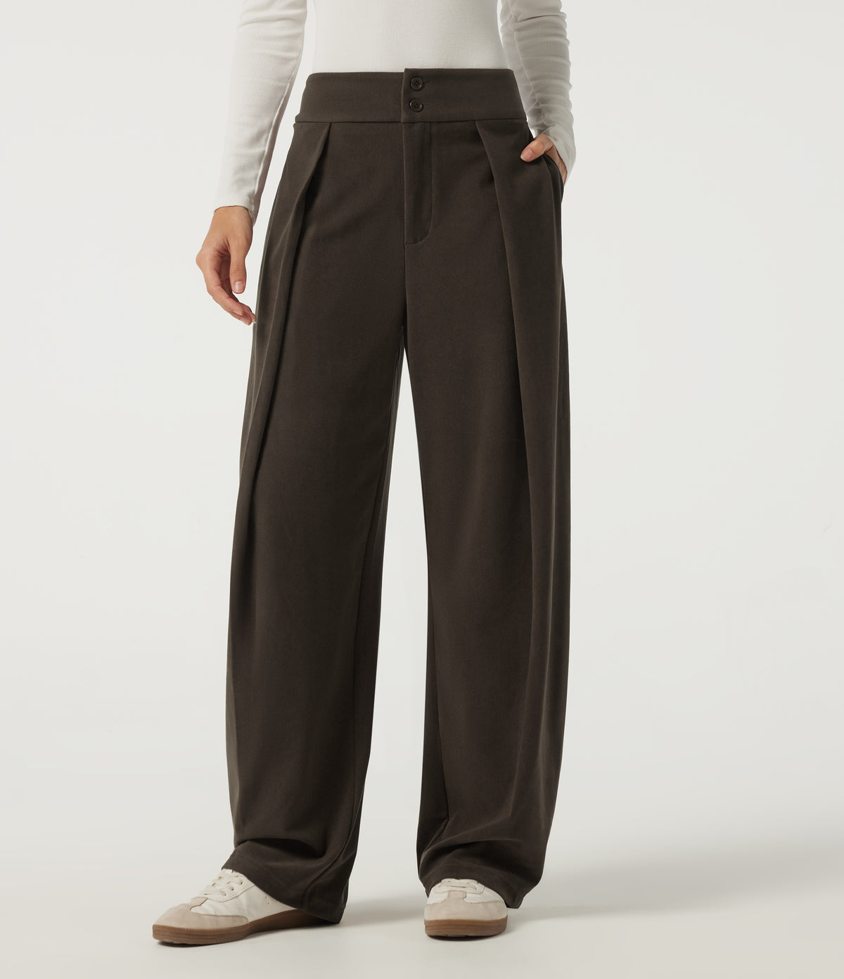 High Waisted Barrel Leg Corduroy Casual Trousers with Pockets — Demitasse — view 1