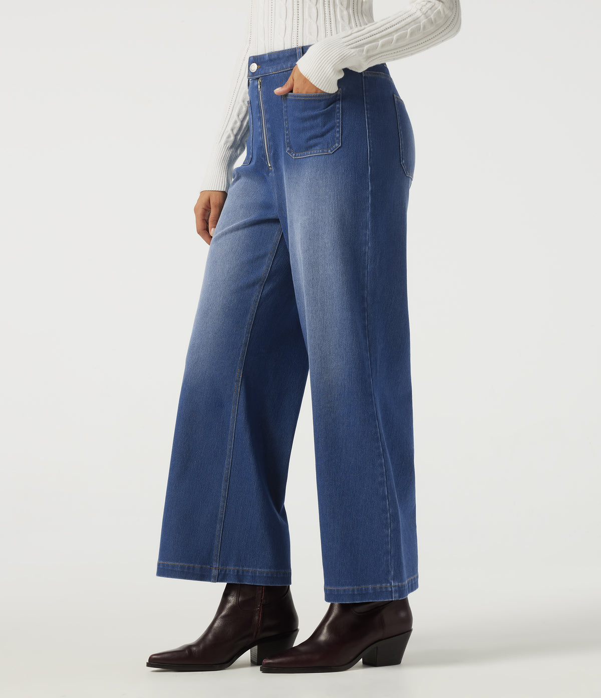 Mid Rise Relaxed Casual Flare Jeans with Pockets — Baja Blue Denim — view 3