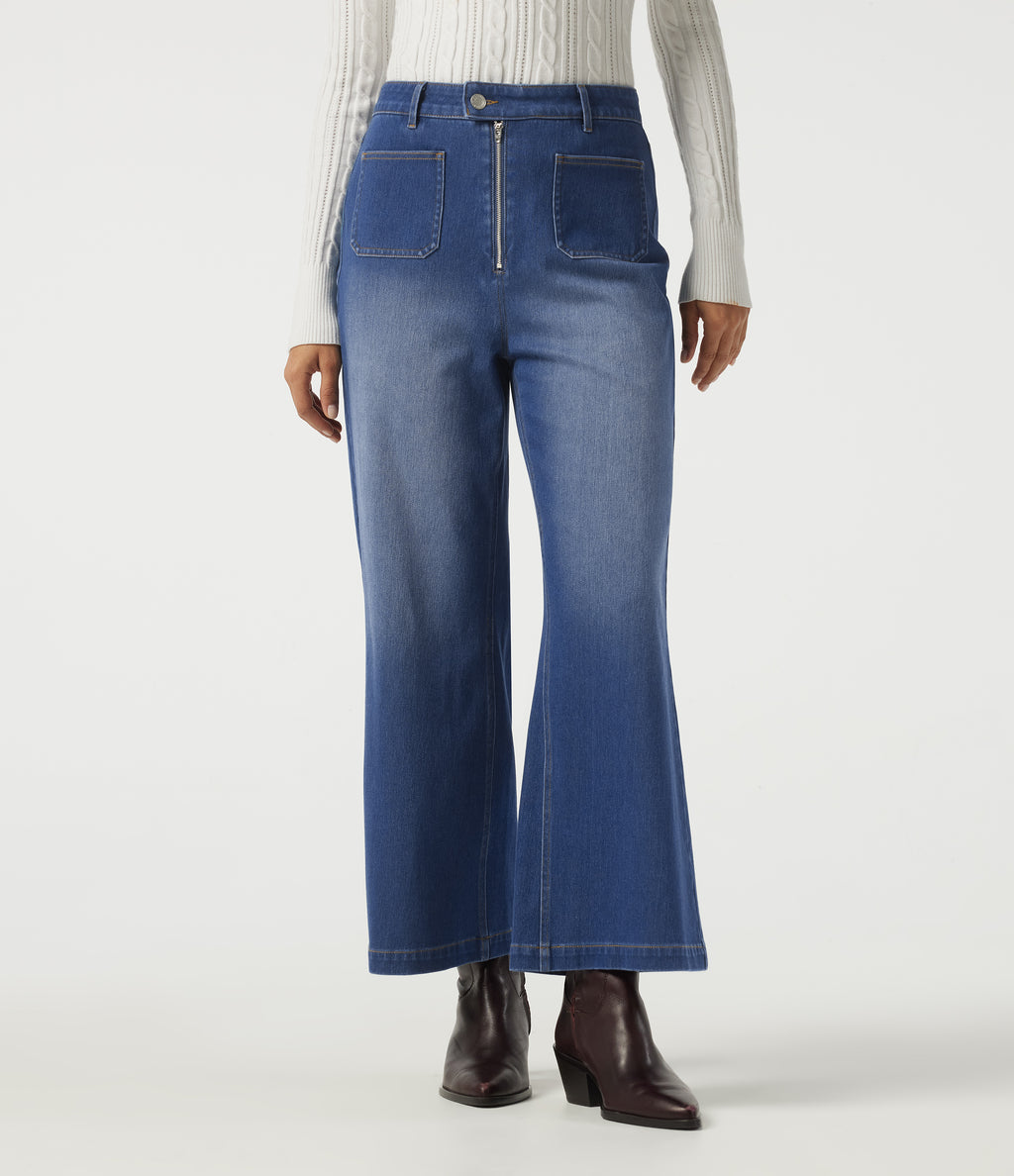 Mid Rise Relaxed Casual Flare Jeans with Pockets — Baja Blue Denim — view 1
