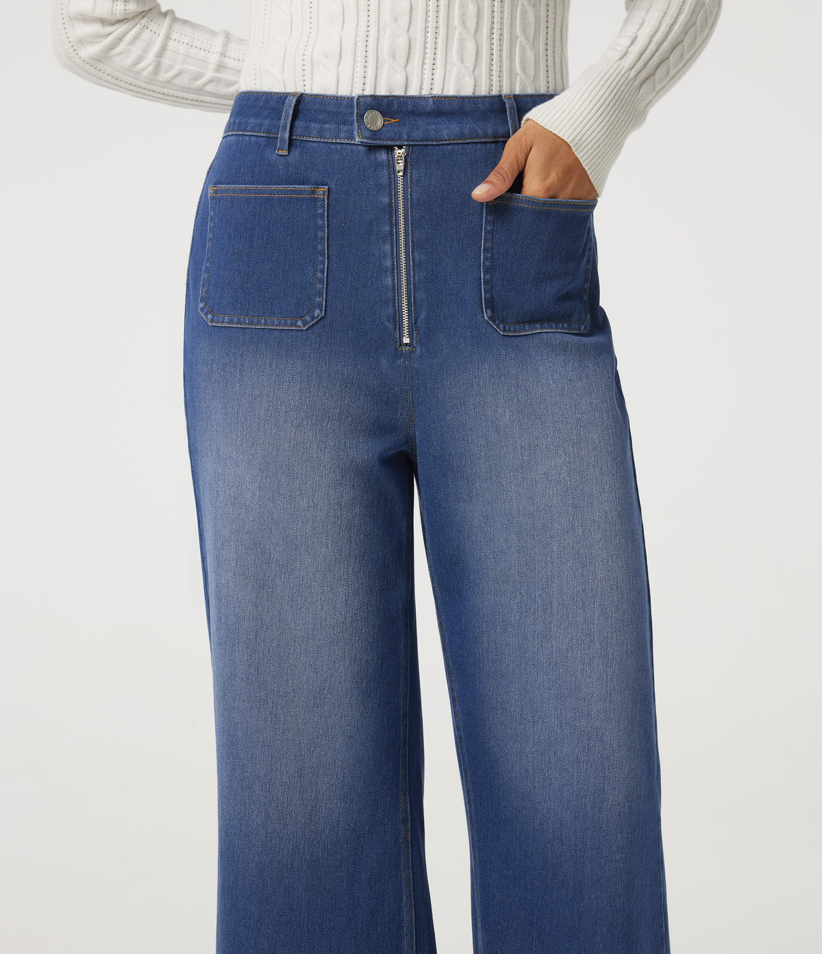 Mid Rise Relaxed Casual Flare Jeans with Pockets — Baja Blue Denim — view 5