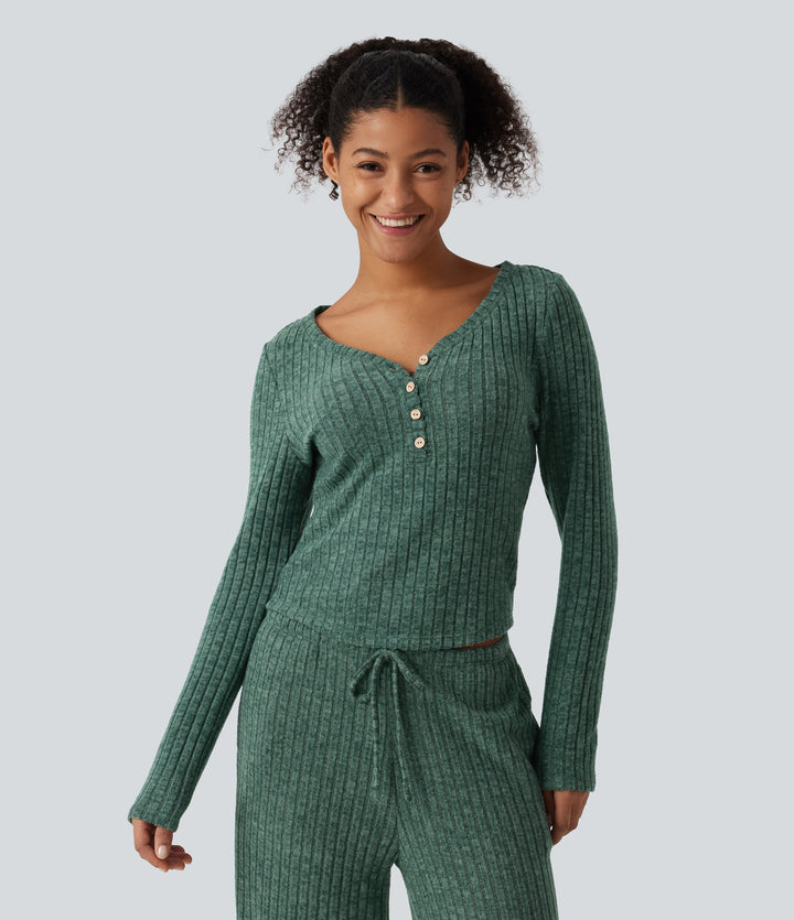 V Neck Ribbed Knit Notched Slim Long Sleeve Lounge T-Shirt — Mottled Greenlake — view 1