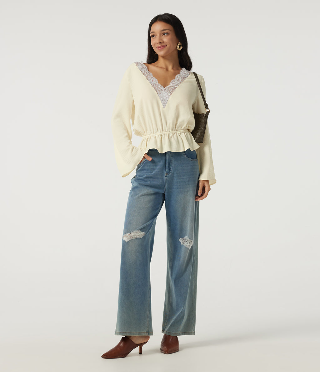 V Neck Long Sleeve Contrast Lace Linen-Feel Resort Top — Whisper White — view 7