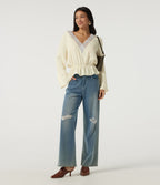 V Neck Long Sleeve Contrast Lace Linen-Feel Resort Top — Whisper White — view 7