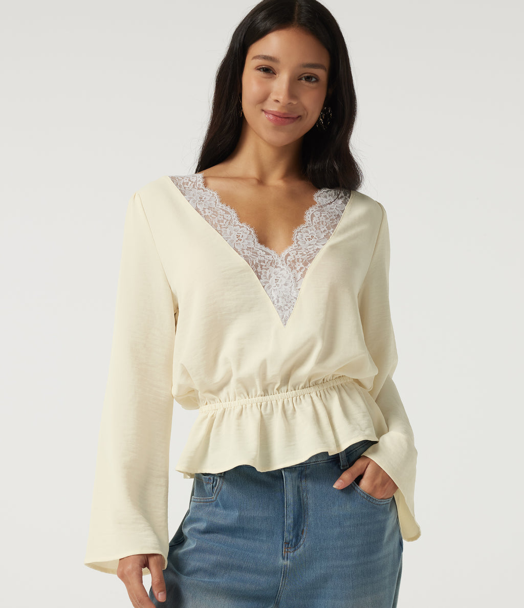 V Neck Long Sleeve Contrast Lace Linen-Feel Resort Top — Whisper White — view 1