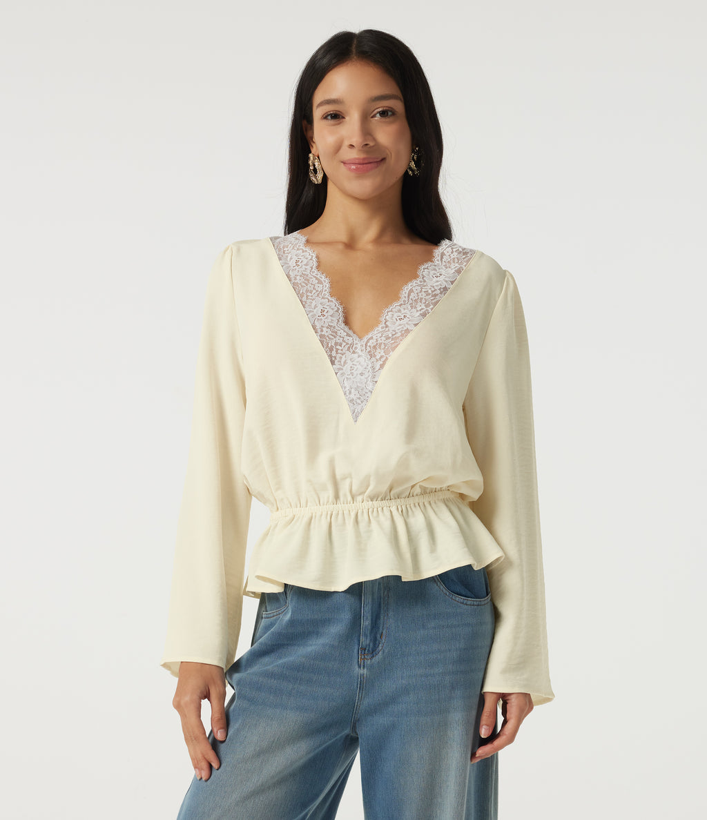 V Neck Long Sleeve Contrast Lace Linen-Feel Resort Top — Whisper White — view 4