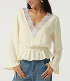 V Neck Long Sleeve Contrast Lace Linen-Feel Resort Top — Whisper White — view 5