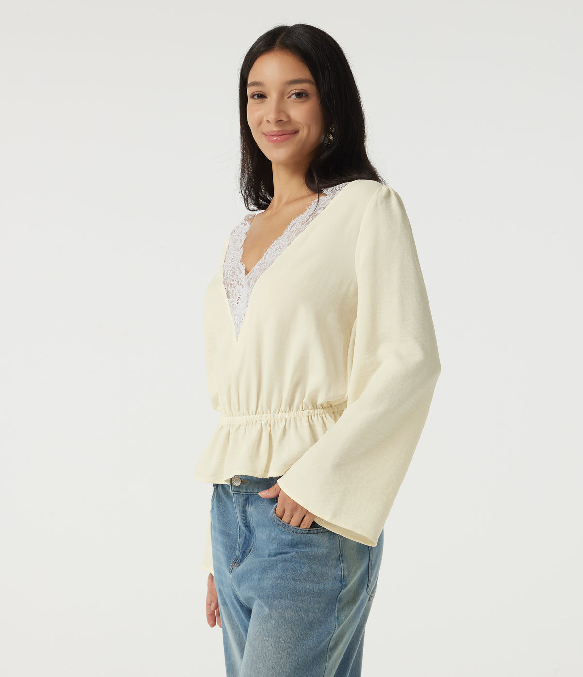 V Neck Long Sleeve Contrast Lace Linen-Feel Resort Top — Whisper White — view 3