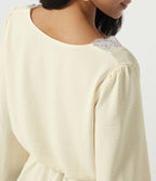 V Neck Long Sleeve Contrast Lace Linen-Feel Resort Top — Whisper White — view 6