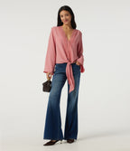 Deep V Neck Flounce Long Sleeve Tie Front Contrast Lace Resort Blouse — Mauveglow — view 7