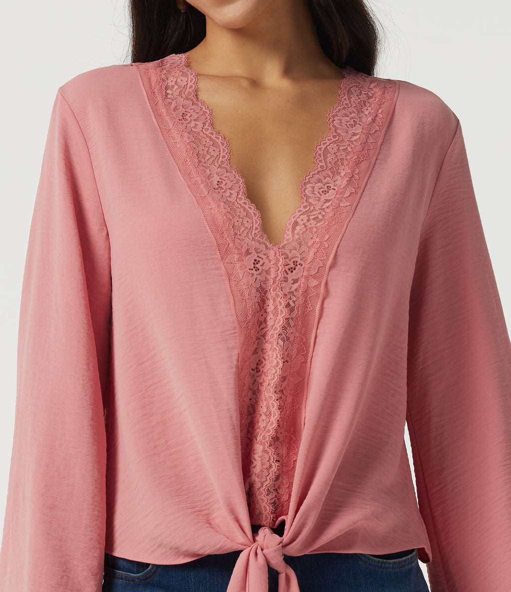 Deep V Neck Flounce Long Sleeve Tie Front Contrast Lace Resort Blouse — Mauveglow — view 5