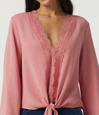 Deep V Neck Flounce Long Sleeve Tie Front Contrast Lace Resort Blouse — Mauveglow — view 5