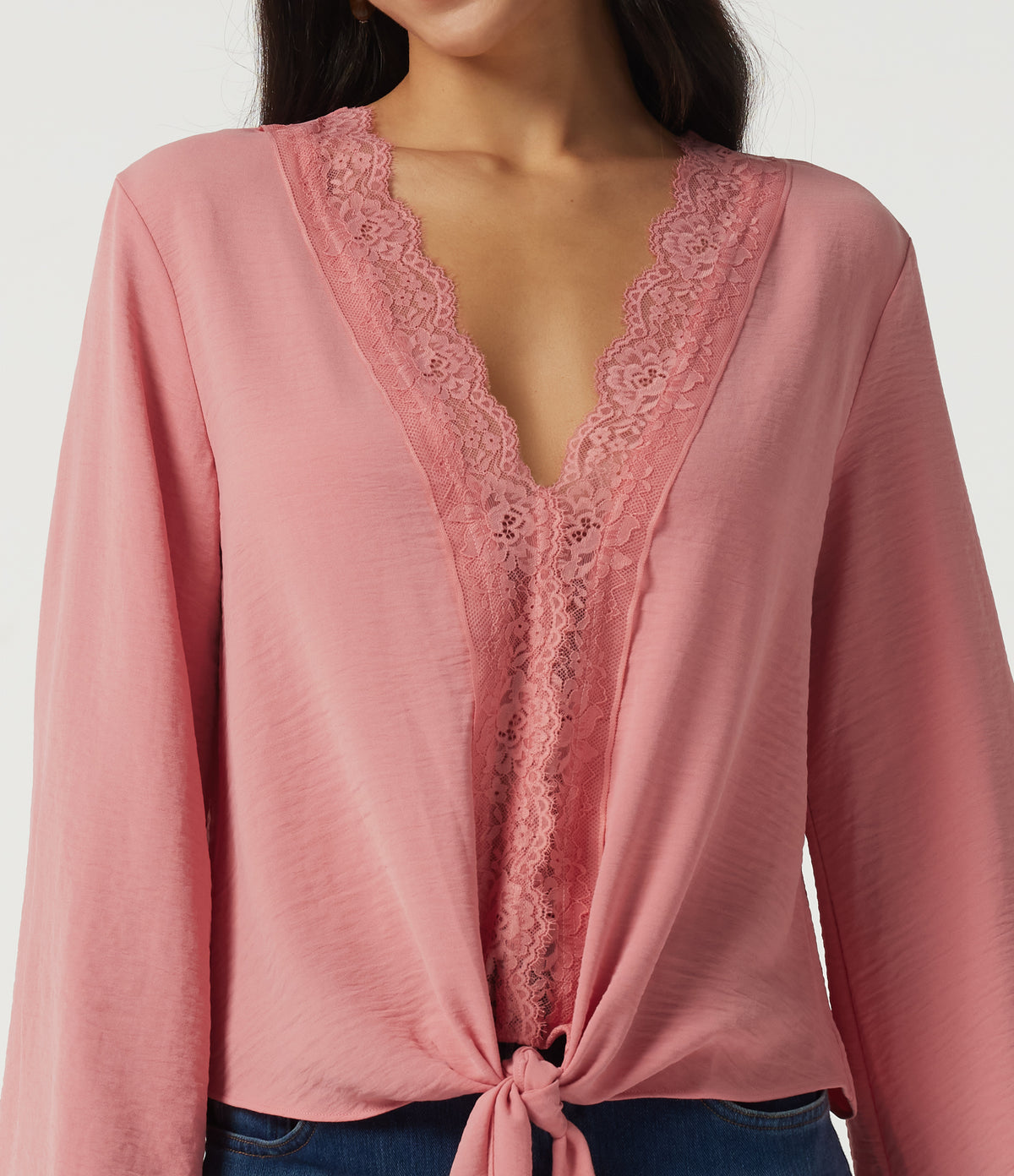 Deep V Neck Flounce Long Sleeve Tie Front Contrast Lace Resort Blouse — Mauveglow — view 5