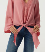 Deep V Neck Flounce Long Sleeve Tie Front Contrast Lace Resort Blouse — Mauveglow — view 6