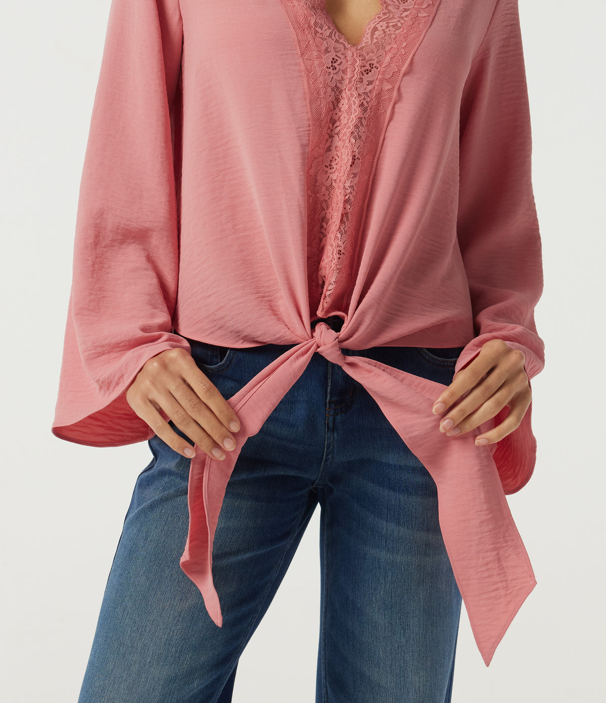 Deep V Neck Flounce Long Sleeve Tie Front Contrast Lace Resort Blouse — Mauveglow — view 6