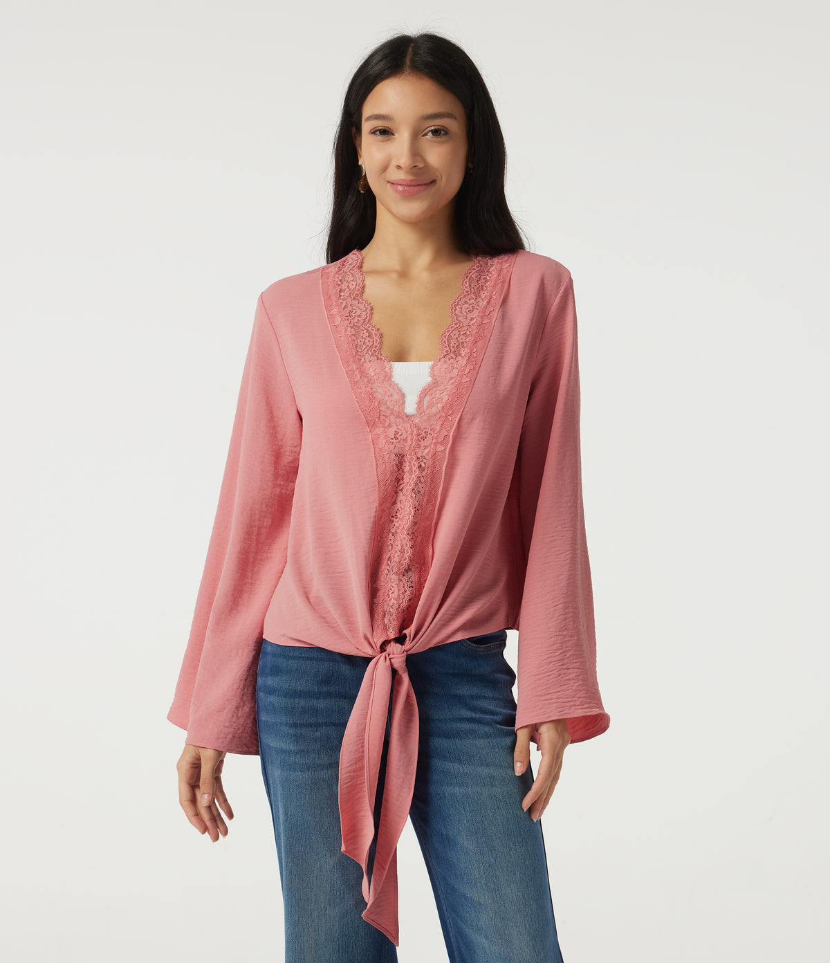 Deep V Neck Flounce Long Sleeve Tie Front Contrast Lace Resort Blouse — Mauveglow — view 4