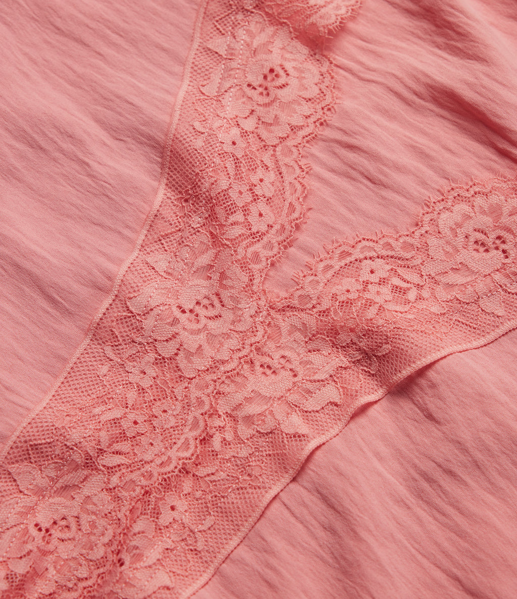 Deep V Neck Flounce Long Sleeve Tie Front Contrast Lace Resort Blouse — Mauveglow — view 8