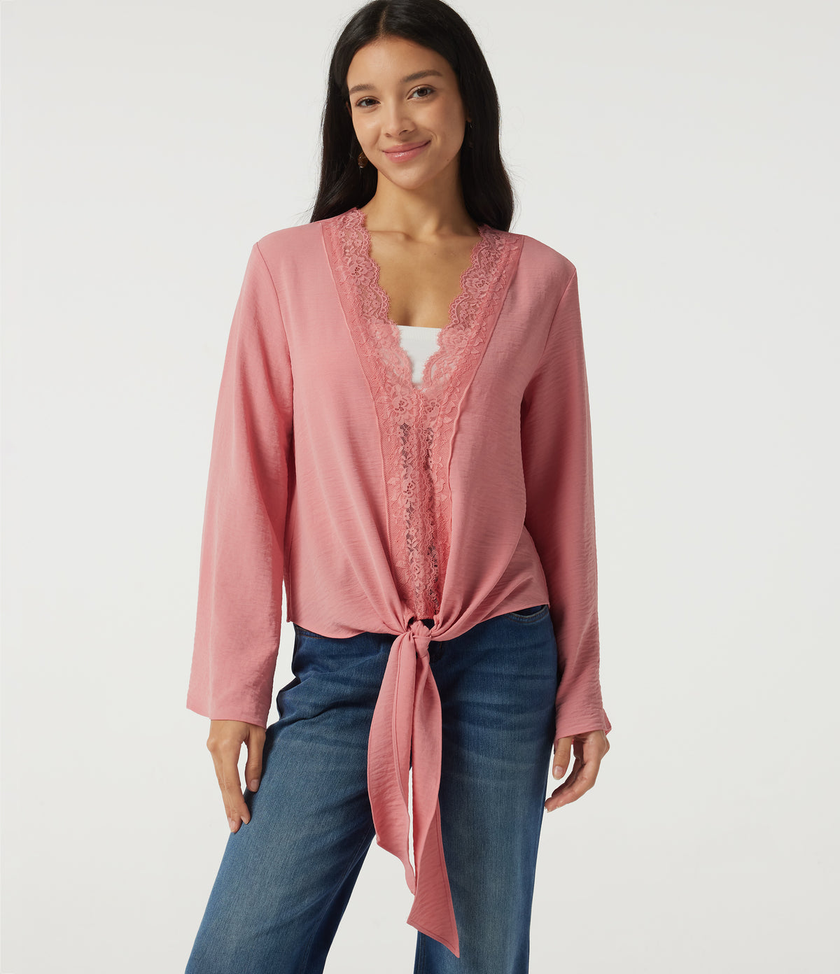 Deep V Neck Flounce Long Sleeve Tie Front Contrast Lace Resort Blouse — Mauveglow — view 1