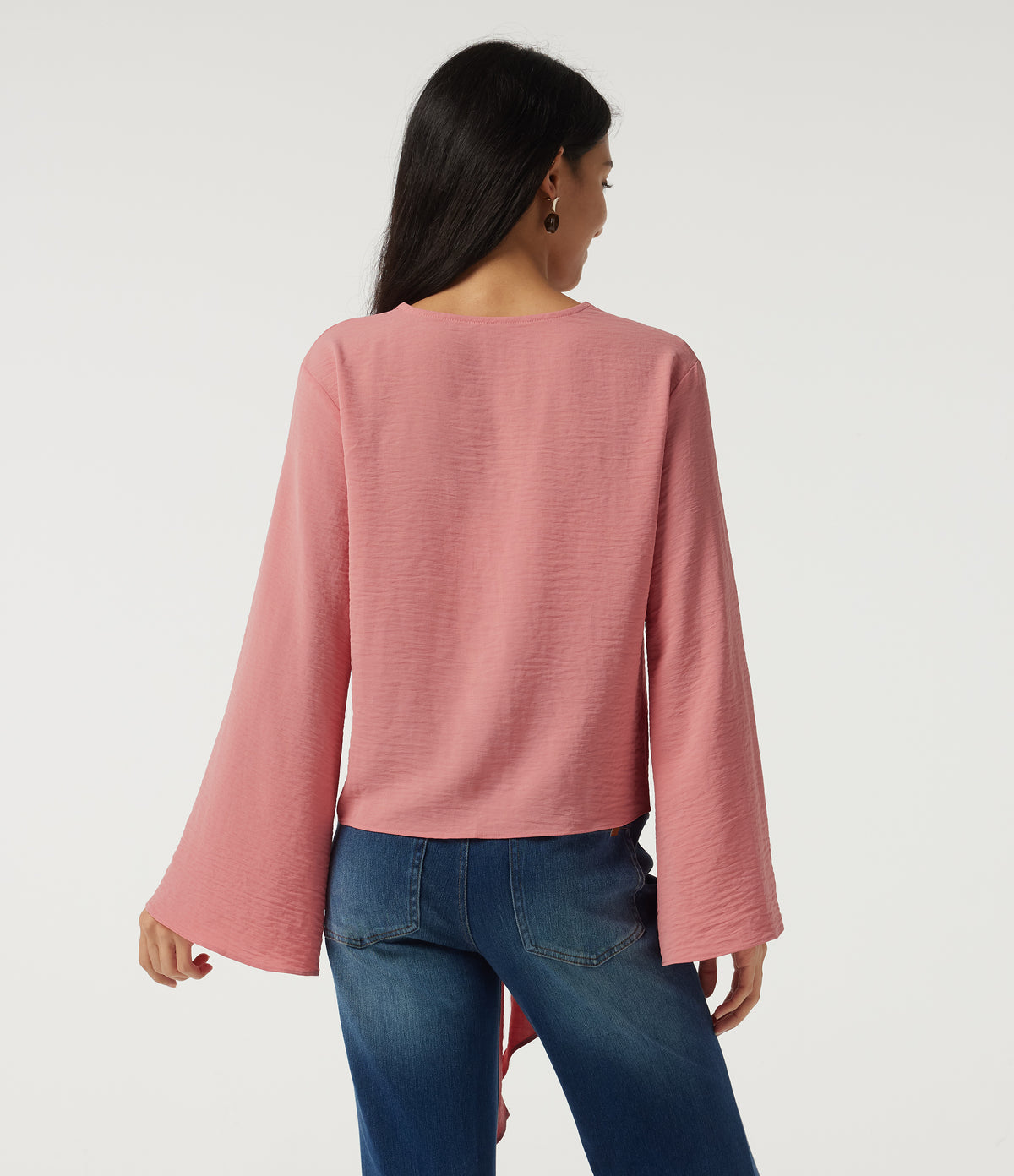 Deep V Neck Flounce Long Sleeve Tie Front Contrast Lace Resort Blouse — Mauveglow — view 2