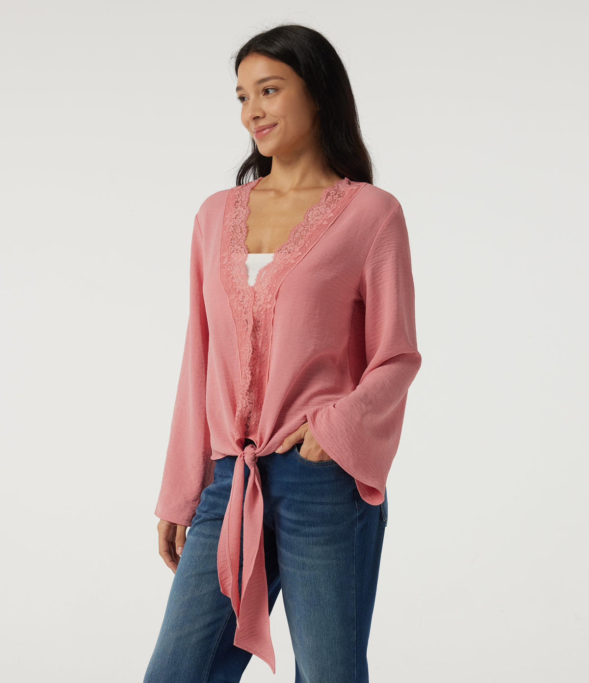 Deep V Neck Flounce Long Sleeve Tie Front Contrast Lace Resort Blouse — Mauveglow — view 3