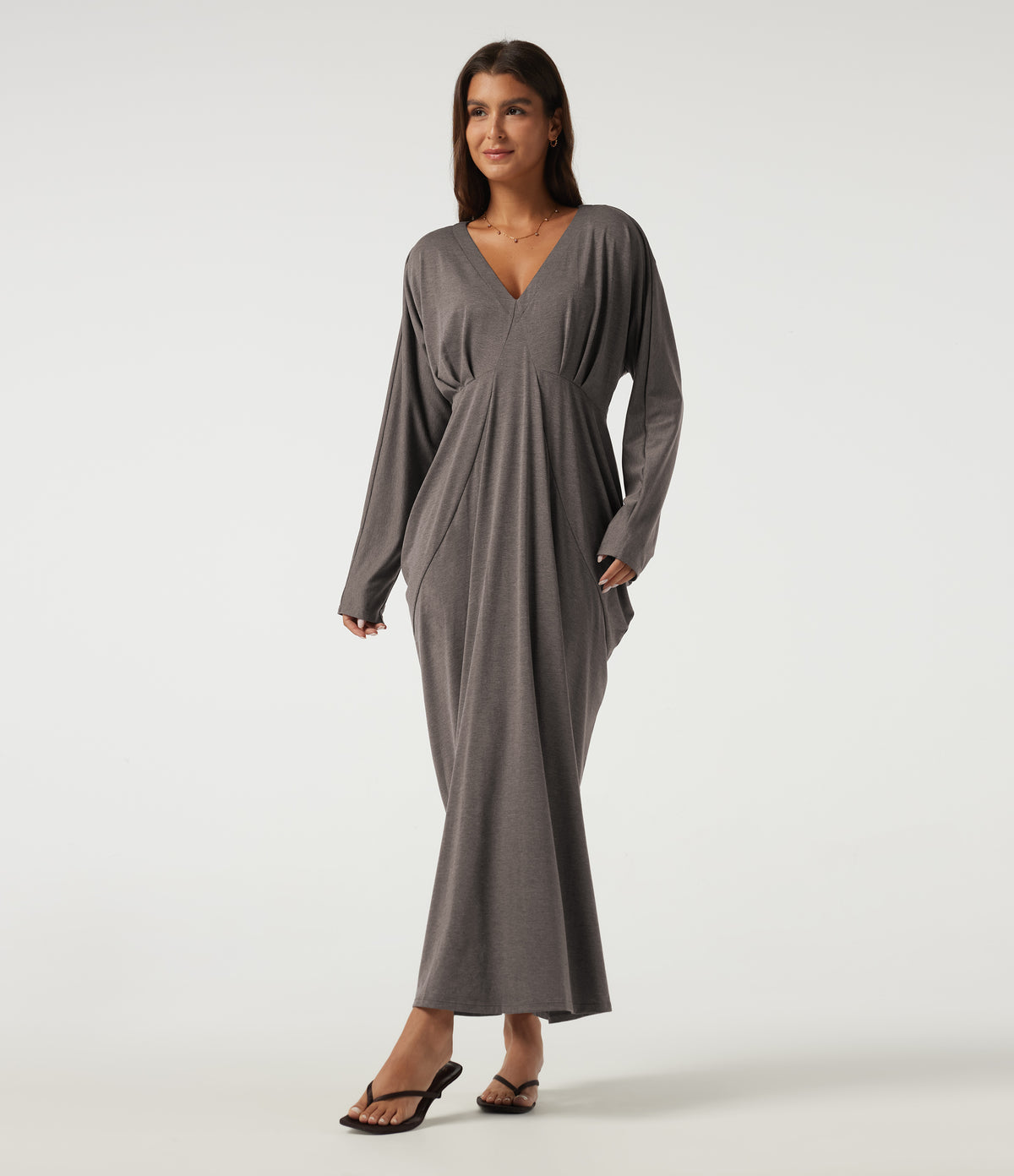 Deep V Neck Batwing Long Sleeve Casual Pencil Midi Dress — Earthwood Brown — view 1