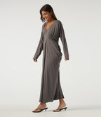 Deep V Neck Batwing Long Sleeve Casual Pencil Midi Dress — Earthwood Brown — view 3