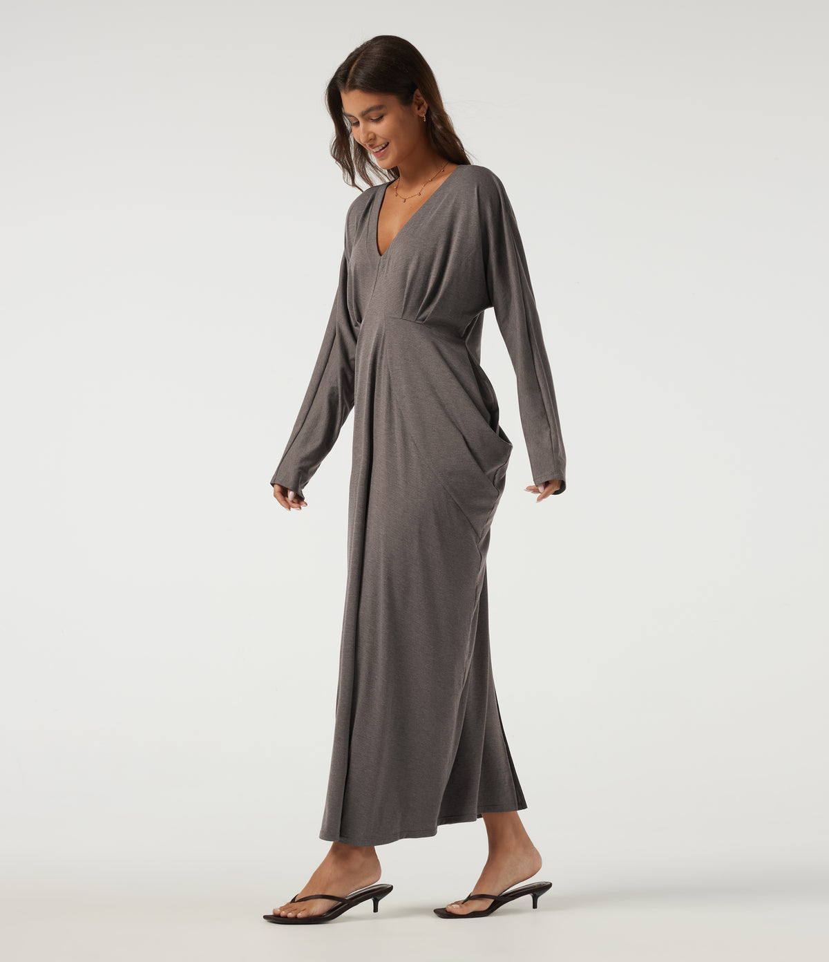 Deep V Neck Batwing Long Sleeve Casual Pencil Midi Dress — Earthwood Brown — view 3
