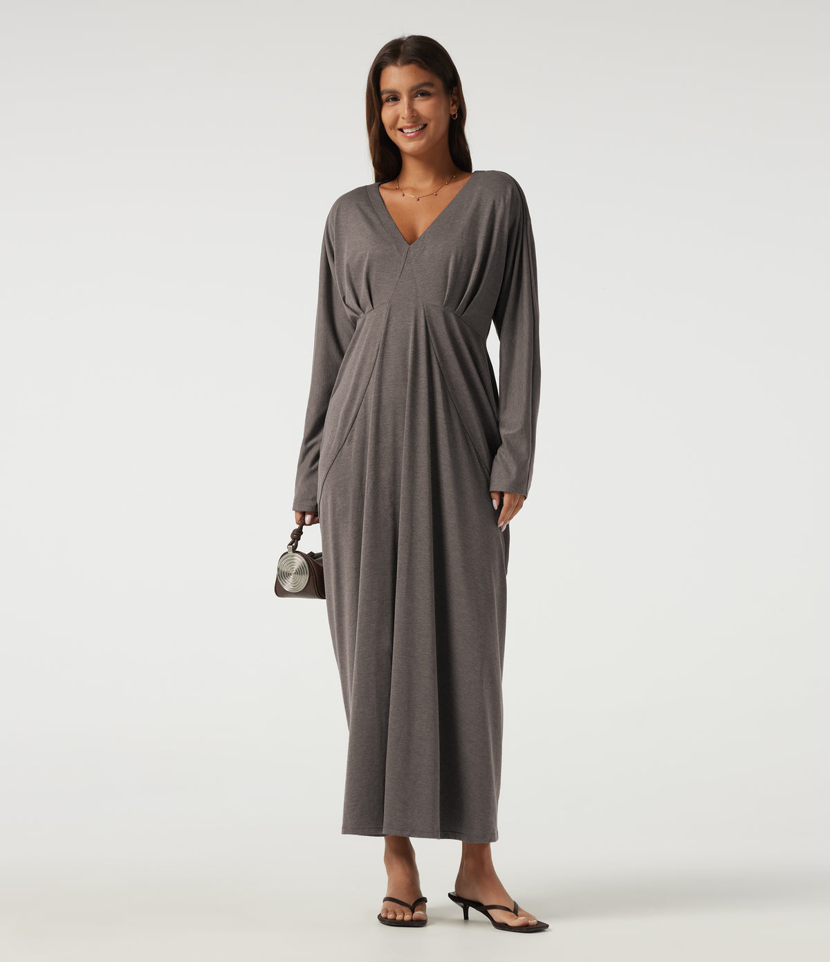 Deep V Neck Batwing Long Sleeve Casual Pencil Midi Dress — Earthwood Brown — view 8
