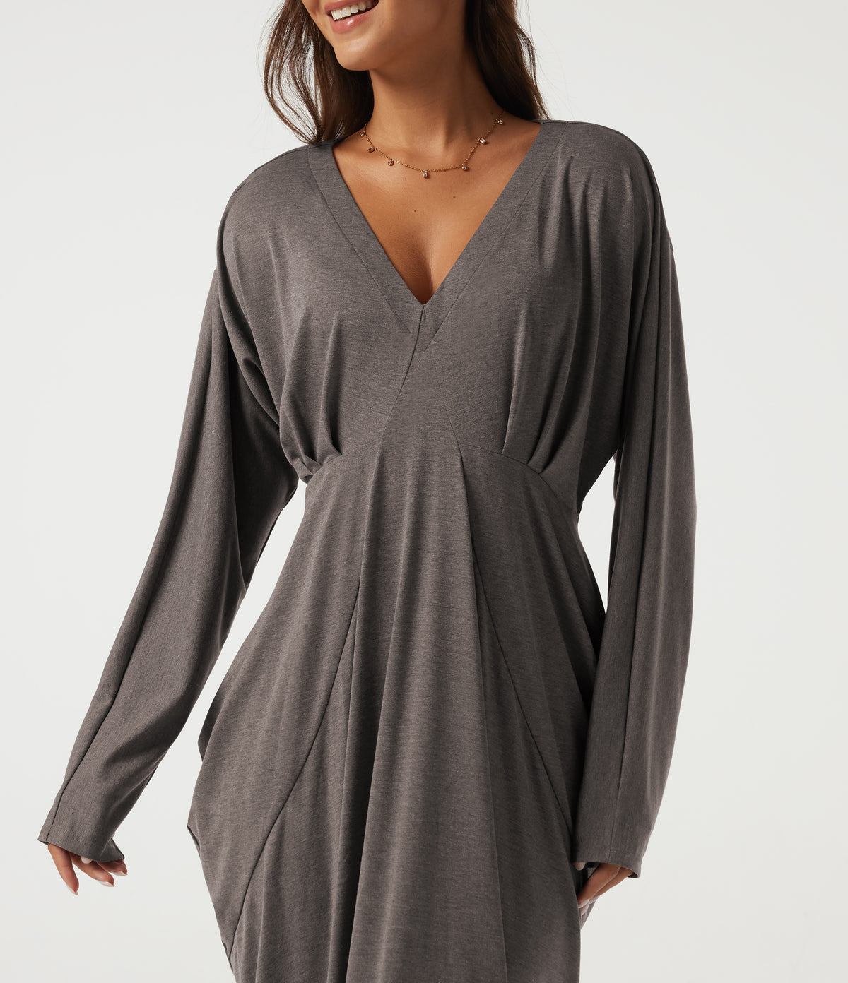 Deep V Neck Batwing Long Sleeve Casual Pencil Midi Dress — Earthwood Brown — view 4