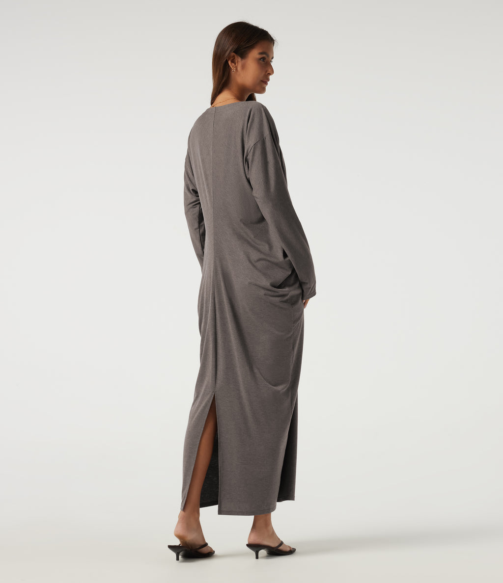 Deep V Neck Batwing Long Sleeve Casual Pencil Midi Dress — Earthwood Brown — view 2