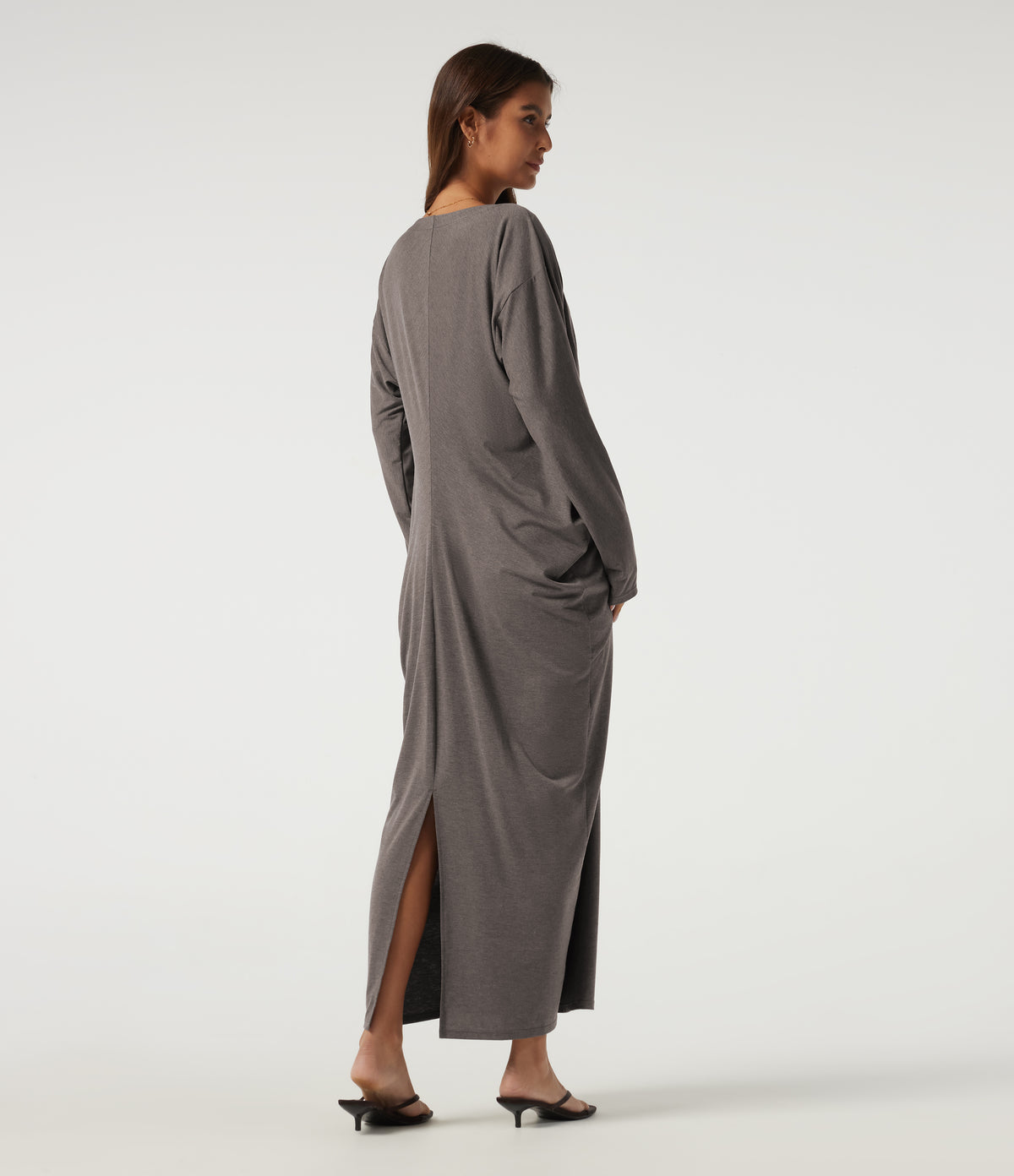 Deep V Neck Batwing Long Sleeve Casual Pencil Midi Dress — Earthwood Brown — view 2