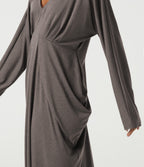 Deep V Neck Batwing Long Sleeve Casual Pencil Midi Dress — Earthwood Brown — view 5