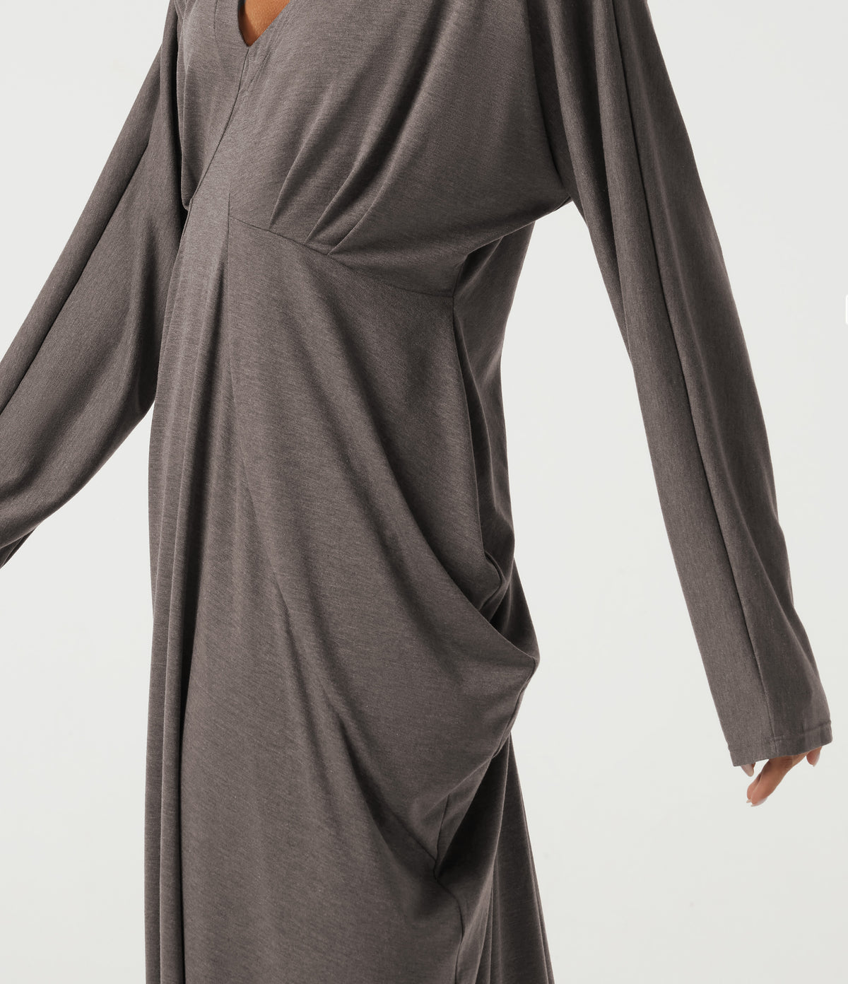 Deep V Neck Batwing Long Sleeve Casual Pencil Midi Dress — Earthwood Brown — view 5