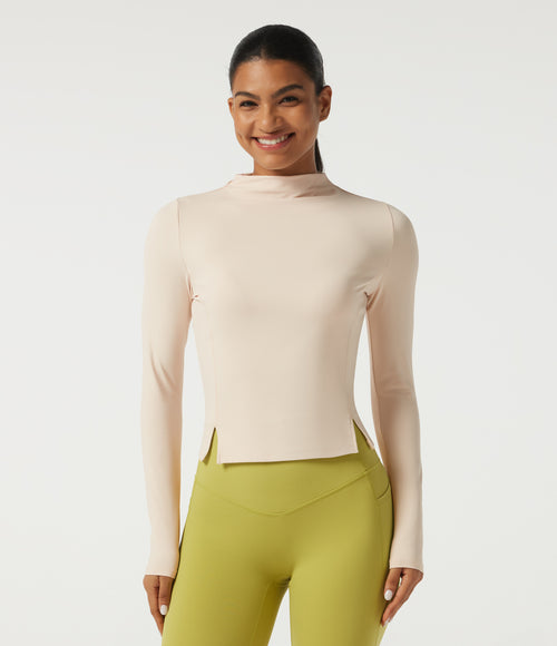 Airy Stand Collar Long Sleeve Split Hem Yoga Sports Top — Rainy Day — view 1