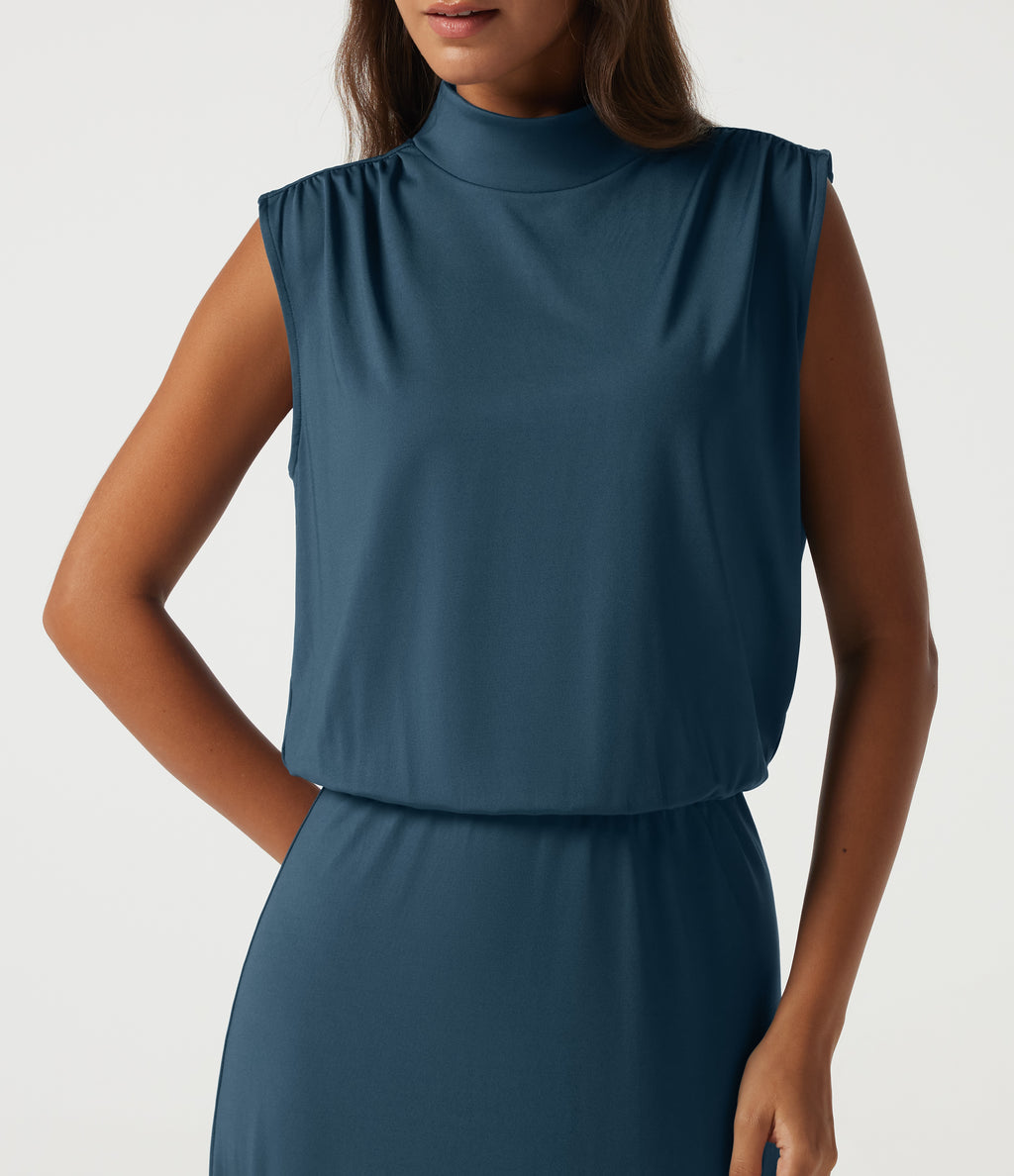Mock Neck Sleeveless Ruched Casual Maxi Dress — Balsam — view 4