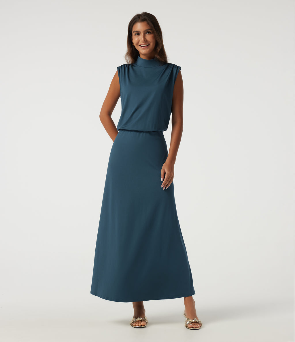 Mock Neck Sleeveless Ruched Casual Maxi Dress — Balsam — view 1