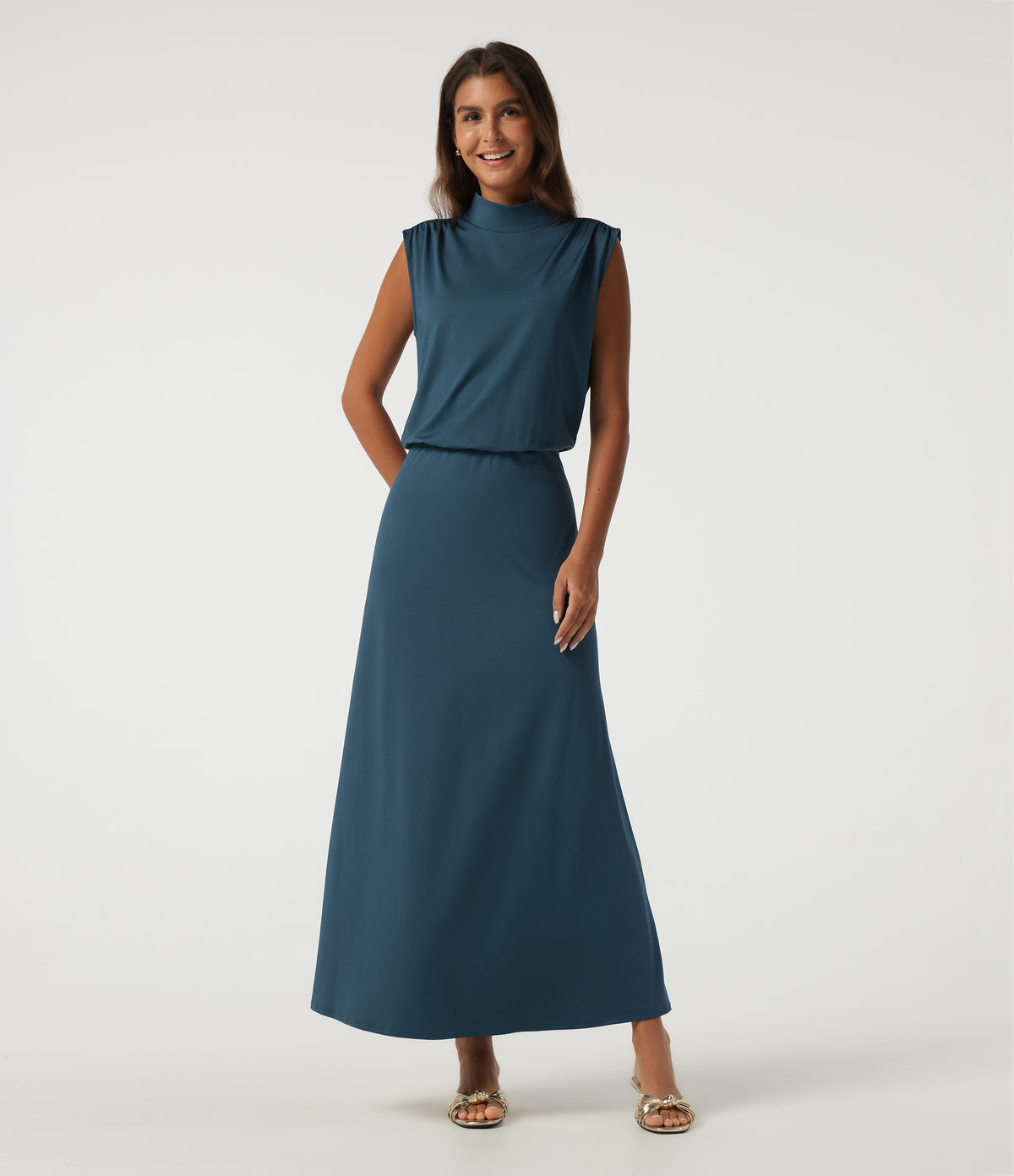 Mock Neck Sleeveless Ruched Casual Maxi Dress — Balsam — view 1