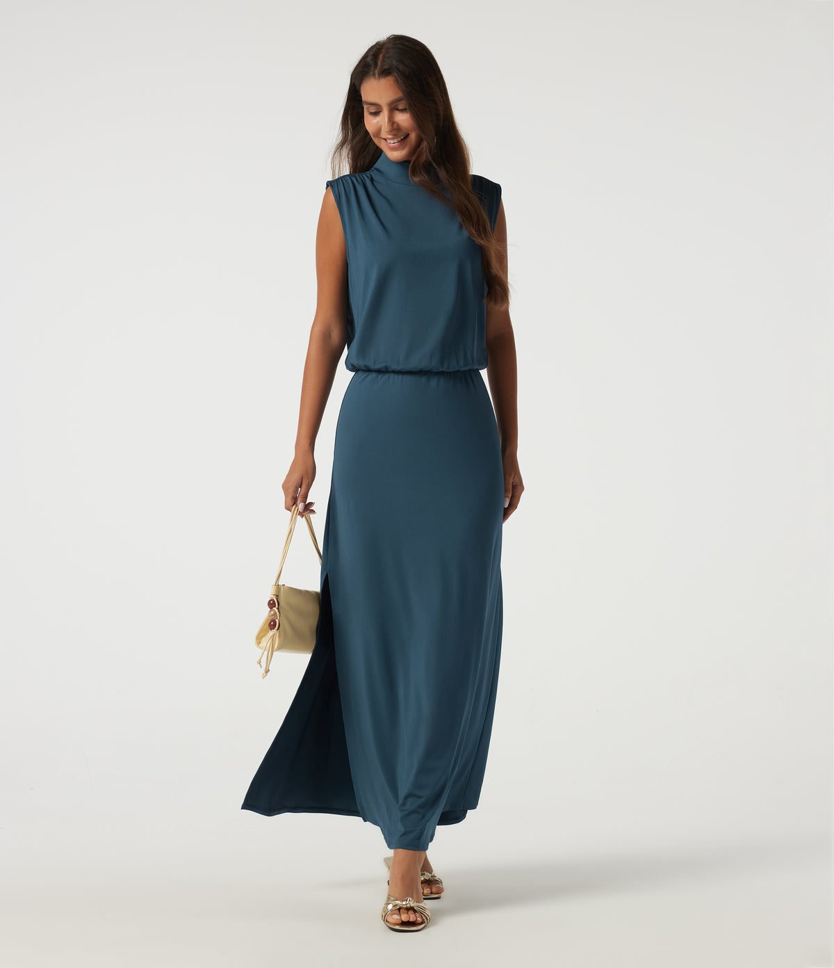 Mock Neck Sleeveless Ruched Casual Maxi Dress — Balsam — view 7