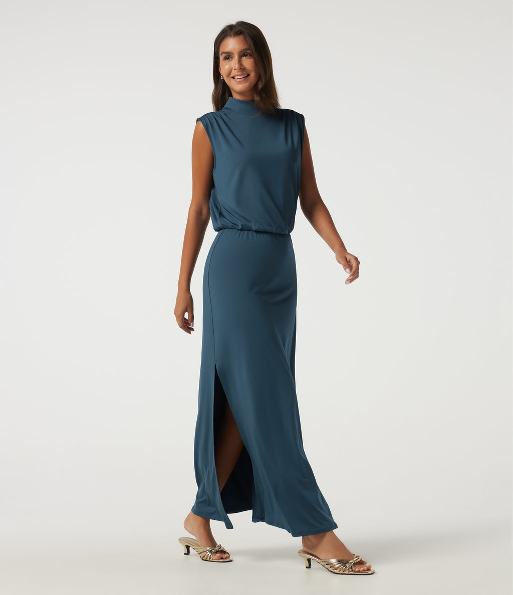 Mock Neck Sleeveless Ruched Casual Maxi Dress — Balsam — view 3