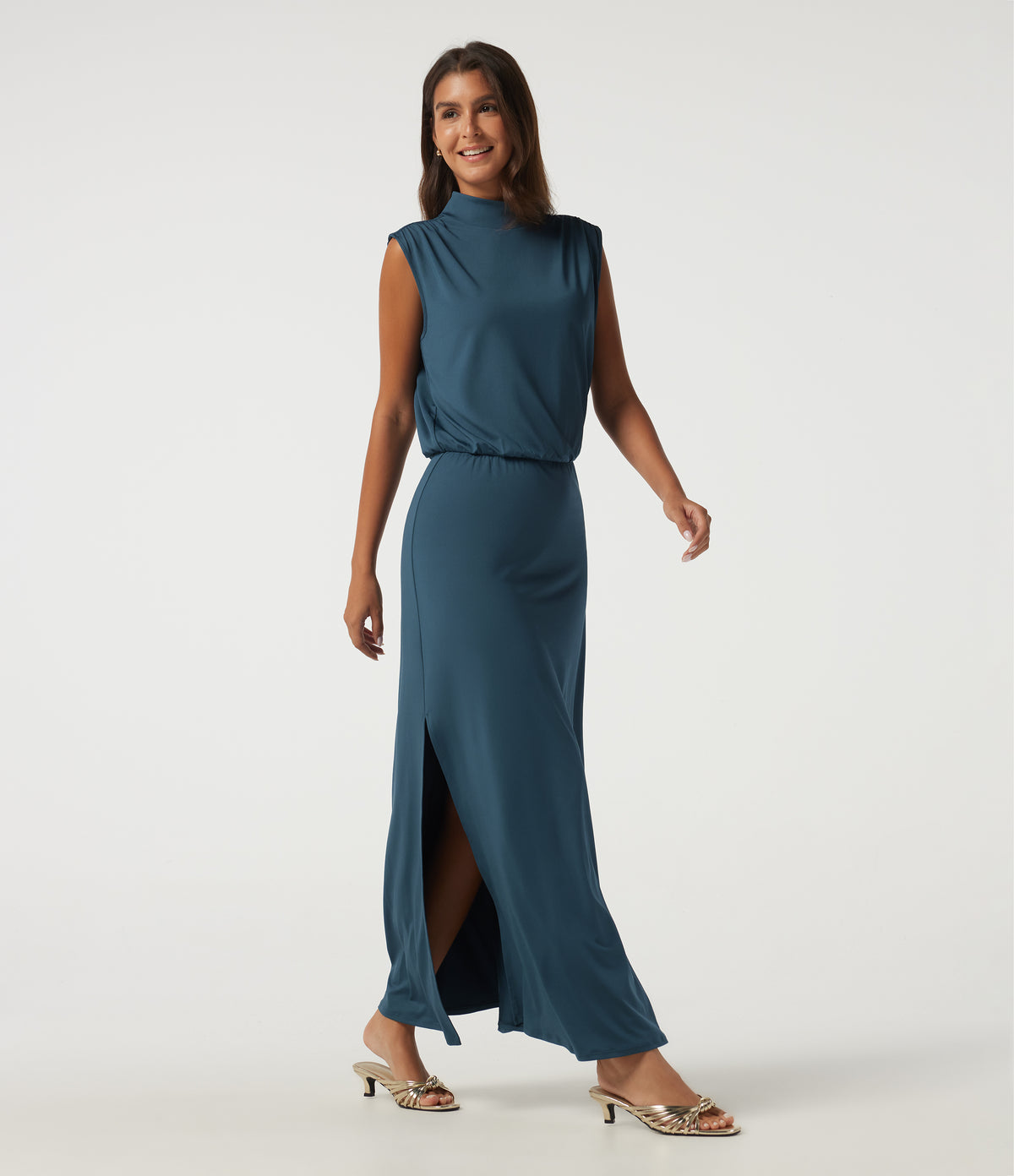 Mock Neck Sleeveless Ruched Casual Maxi Dress — Balsam — view 3